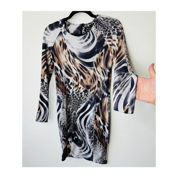 Torn by Ronny Kobo Dresses & Skirts - Torn by Ronny Kobo Black White Brown Animal Print Long Sleeve Bodycon Dress S